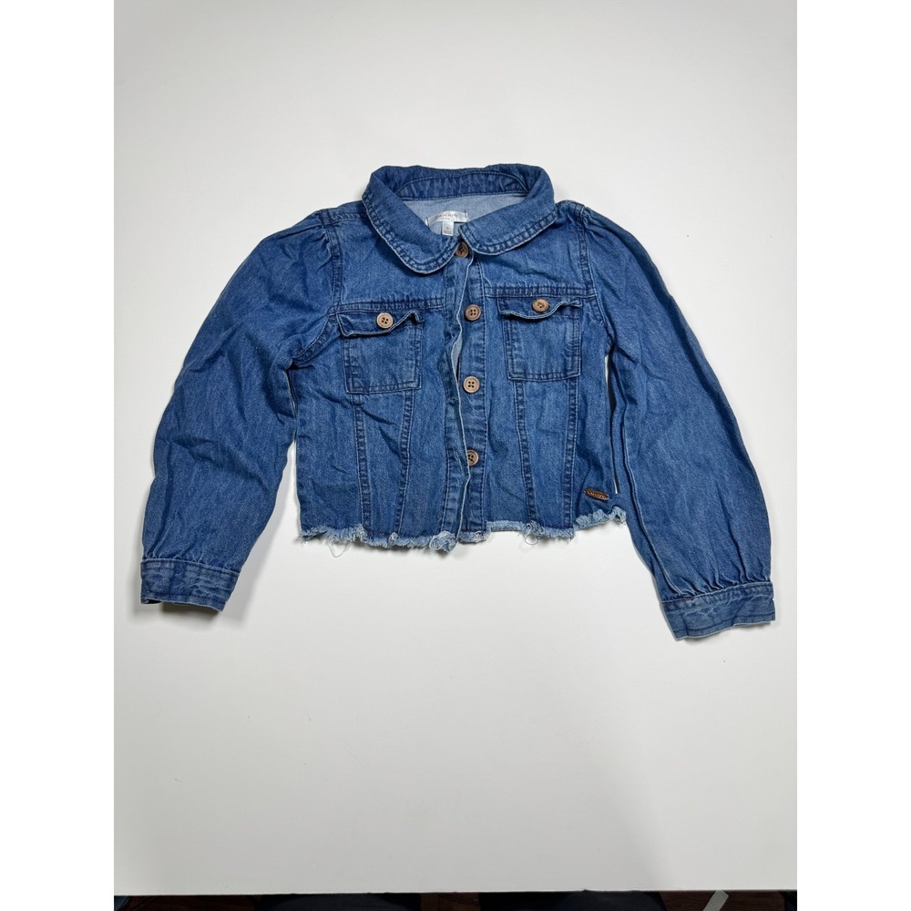 Tahari Cropped Jacket Girl 6 Blue Denim Peter Pan Collar Button Front Frayed Hem
